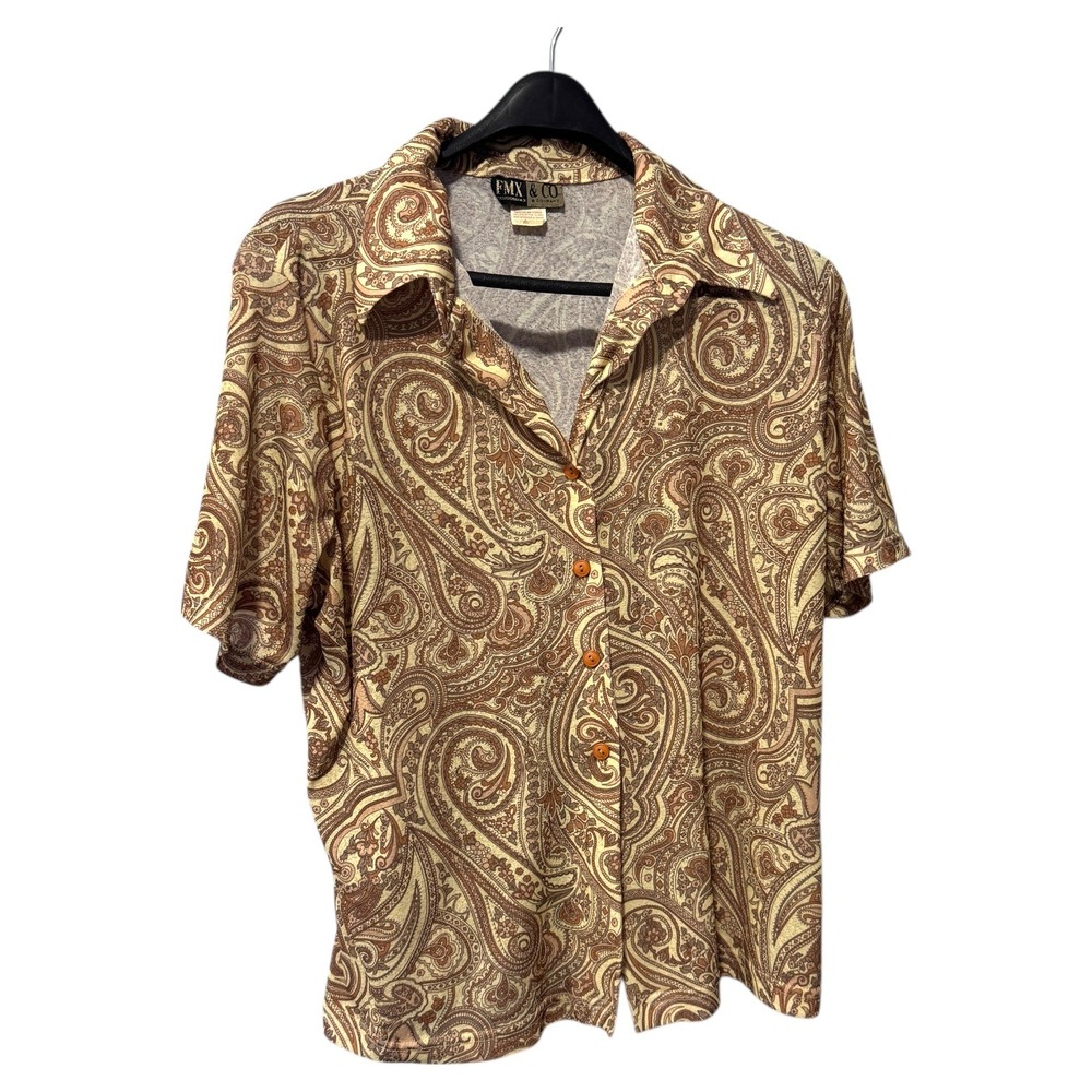 FMX & CO Paisley Print Button Up Short Sleeve Blouse Top Women's Vintage Retro